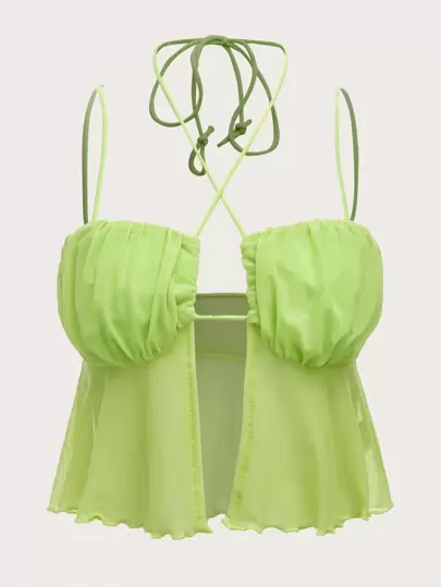 SHEIN ICON Ruched Tie Back Lettuce Trim Mesh Cami Top