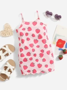 SHEIN 嬰兒草莓圖案木耳邊吊帶連衣裙 - 彩色 - 查看 1