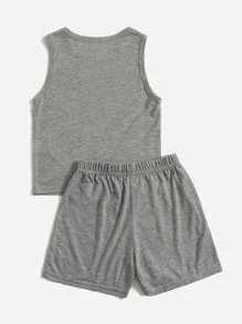 SHEIN Young Boy Letter Graphic Tank Top & Shorts - Grey - View 2