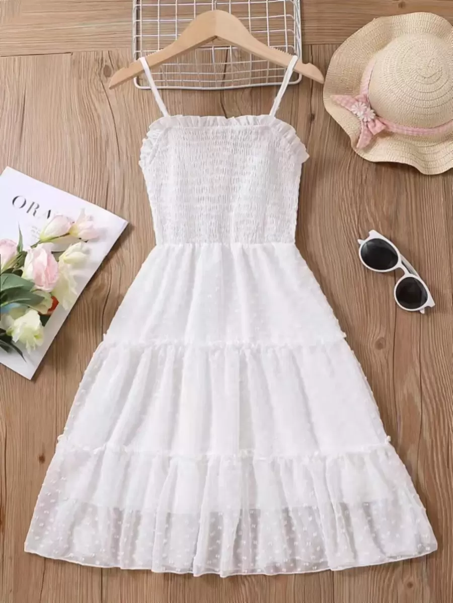SHEIN Cô gái Tween Chấm Swiss Lá sen ren Cắt tỉa Chiffon Váy Dây - trắng - Xem 1