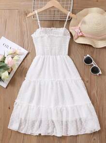 SHEIN Cô gái Tween Chấm Swiss Lá sen ren Cắt tỉa Chiffon Váy Dây - trắng - Xem 2