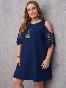 EMERY ROSE 大碼挖肩拼接水溶蕾絲洋裝 - 藏蓝色 - 查看 2