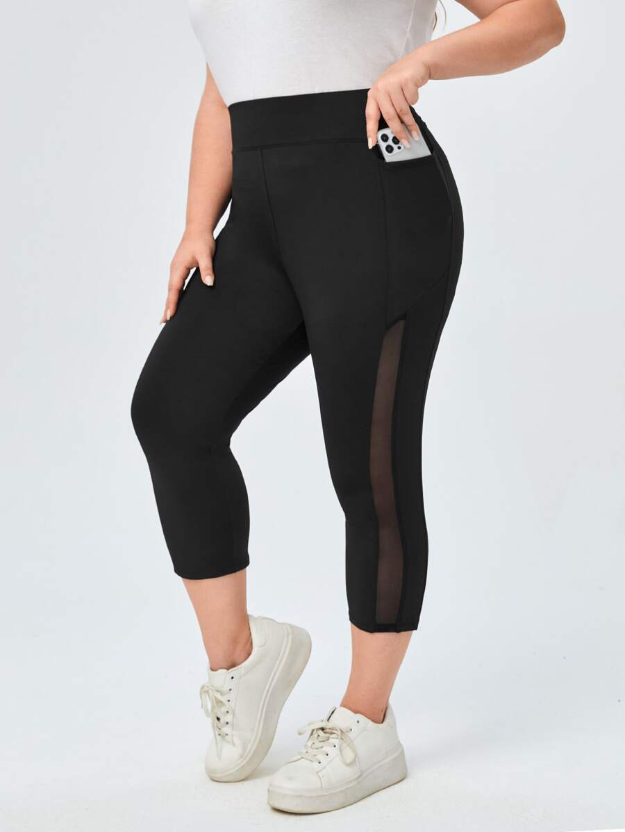 EMERY ROSE Plus Mesh Insert Phone Pocket Leggings - Black - View 1