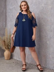 EMERY ROSE 大碼挖肩拼接水溶蕾絲洋裝 - 藏蓝色 - 查看 4