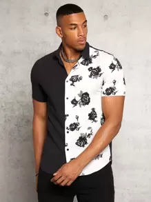 GENTILAND Hombres Camisa con estampado floral - Blanco y Negro - Ver 1
