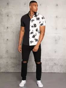 GENTILAND Hombres Camisa con estampado floral - Blanco y Negro - Ver 3