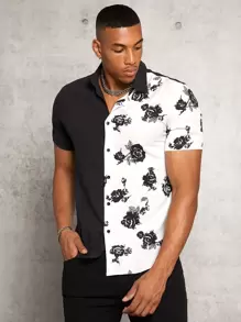 GENTILAND Hombres Camisa con estampado floral - Blanco y Negro - Ver 4