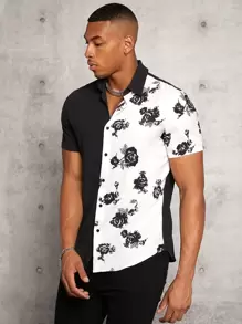 GENTILAND Hombres Camisa con estampado floral - Blanco y Negro - Ver 5