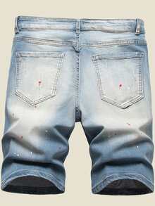 Manfinity Hombres Shorts en mezclilla con estampado de tinte de salpicadura desgarro crudo con diseño de parche