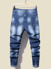 Manfinity Hombres Jeans desgarro pintura con estampado con diseño de parche - Azul lavado medio - Ver 2