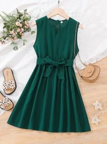 Girls Notched Neck Belted Dress - Dark Green - View 1
