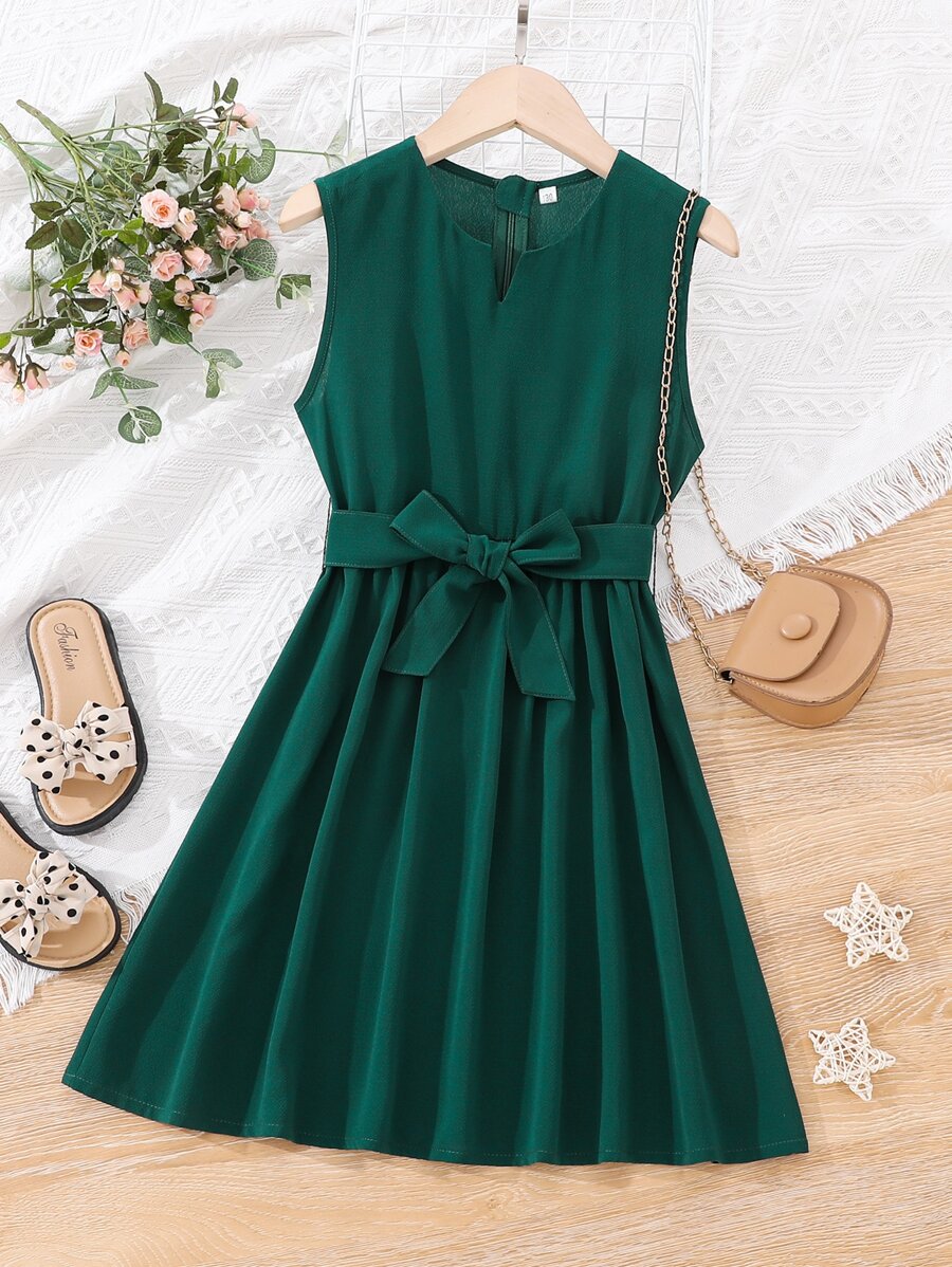 Girls Notched Neck Belted Dress - Dark Green - View 1