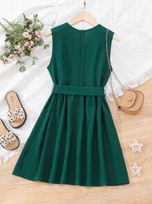 Girls Notched Neck Belted Dress - Dark Green - View 2