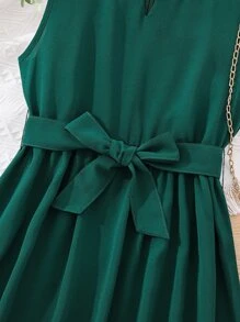 Girls Notched Neck Belted Dress - Dark Green - View 3
