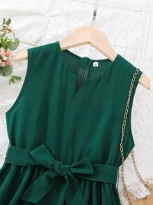 Girls Notched Neck Belted Dress - Dark Green - View 4