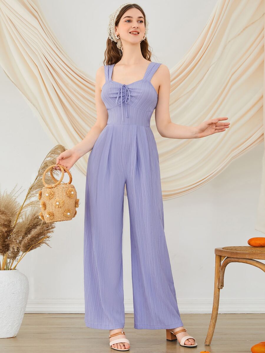 Seusyu Ruched Tie Front Cami Jumpsuit - Lilac Purple - View 1