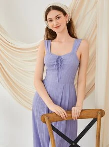 Seusyu Ruched Tie Front Cami Jumpsuit - Lilac Purple - View 4