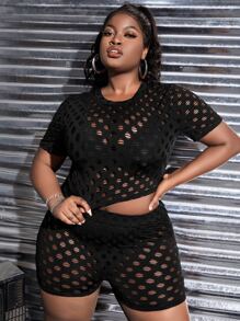Slaydiva Plus Hollow Out Crop Tee & Biker Shorts Without Lingerie