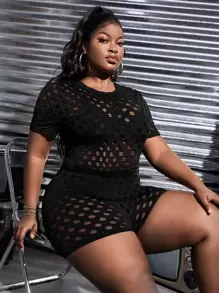 Slaydiva Plus Hollow Out Crop Tee & Biker Shorts Without Lingerie