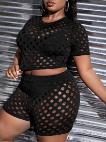 Slaydiva Plus Hollow Out Crop Tee & Biker Shorts Without Lingerie
