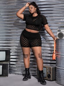 Slaydiva Plus Hollow Out Crop Tee & Biker Shorts Without Lingerie