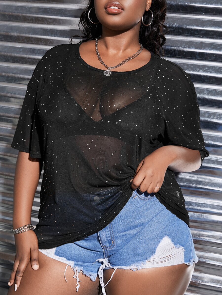 Slaydiva Plus Sequin Detail Drop Shoulder Mesh Top Without Bra - Black - View 1