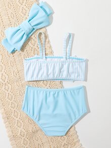 Baby Girl Striped Bow Front Beachwear With Headband Summer Beach - Blue - View 2
