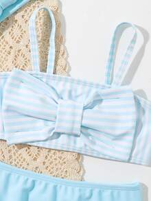 Baby Girl Striped Bow Front Beachwear With Headband Summer Beach - Blue - View 3