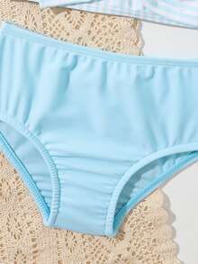 Baby Girl Striped Bow Front Beachwear With Headband Summer Beach - Blue - View 4