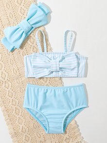 Baby Girl Striped Bow Front Beachwear With Headband Summer Beach - Blue - View 5