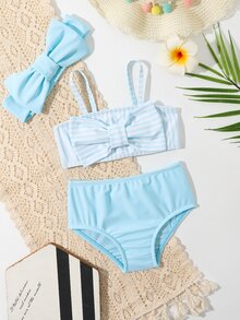 Baby Girl Striped Bow Front Beachwear With Headband Summer Beach - Blue - View 6