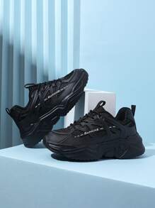 Women's Black Road Running Shoes, Lace-up With Thick Wedge Heel And Letter Design - Black - View 1