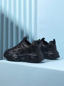 Women's Black Road Running Shoes, Lace-up With Thick Wedge Heel And Letter Design - Black - View 3