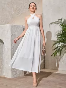 Seusyu 交叉圍裹打褶後背繫帶掛脖連衣裙