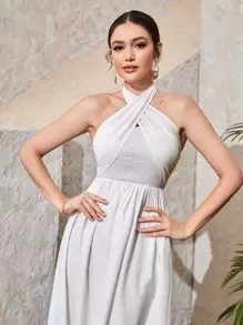 Seusyu 交叉圍裹打褶後背繫帶掛脖連衣裙