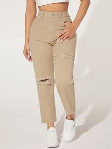 SHEIN PETITE Solid High Waist Ripped Jeans - Khaki - View 1