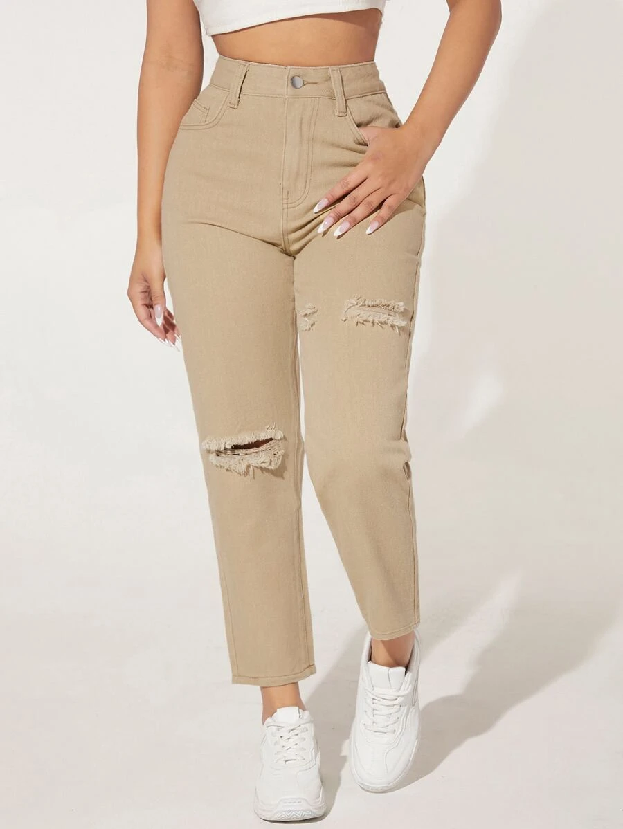 SHEIN PETITE Solid High Waist Ripped Jeans - Khaki - View 1