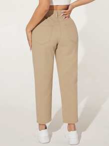 SHEIN PETITE Solid High Waist Ripped Jeans - Khaki - View 2