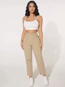 SHEIN PETITE Solid High Waist Ripped Jeans - Khaki - View 3