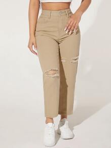 SHEIN PETITE Solid High Waist Ripped Jeans - Khaki - View 4