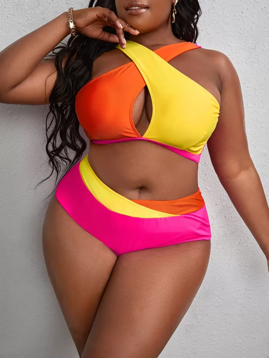 SHEIN Slayr Plus Size Colorblock Crisscross High Waist Bikini Set Summer Beach - Multicolor - View 1
