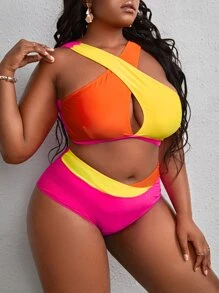 SHEIN Slayr Plus Size Colorblock Crisscross High Waist Bikini Set Summer Beach - Multicolor - View 3