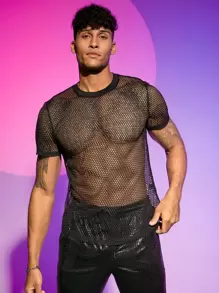 FeverCity Men T-Shirts Crew Neck Sexy Summer See Through Top - Black - View 6