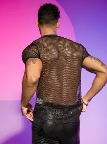 FeverCity Men T-Shirts Crew Neck Sexy Summer See Through Top - Black - View 2