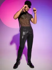 FeverCity Men T-Shirts Crew Neck Sexy Summer See Through Top - Black - View 3