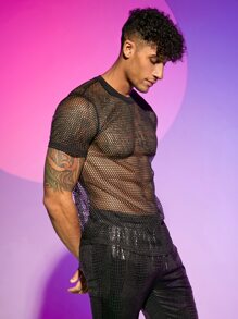 FeverCity Men T-Shirts Crew Neck Sexy Summer See Through Top - Black - View 1