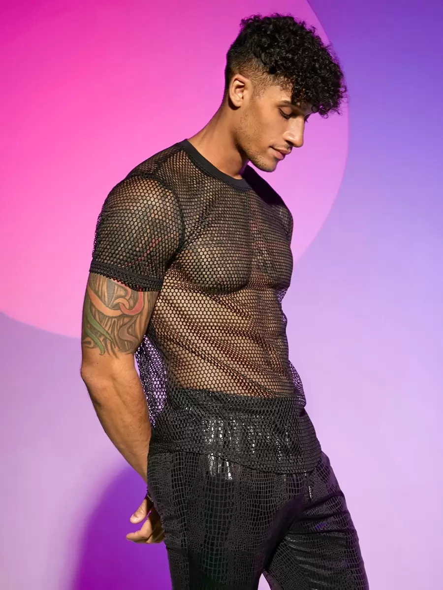 FeverCity Men T-Shirts Crew Neck Sexy Summer See Through Top - Black - View 1