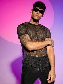 FeverCity Men T-Shirts Crew Neck Sexy Summer See Through Top - Black - View 4