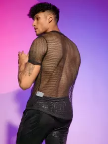 FeverCity Men T-Shirts Crew Neck Sexy Summer See Through Top - Black - View 5