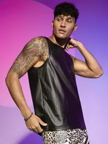 Manfinity RebelGame Men Solid PU Leather Tank Top - Black - View 5